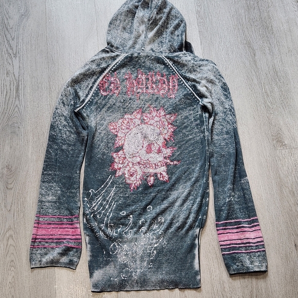 Vintage Y2K Ed Hardy Rhinestone Skull Hoodie Long sleeve Women Small Grunge Top - Picture 7 of 11